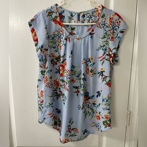 Sweet Rain Blue and White Stripe Floral and Bird Blouse - excellent preloved